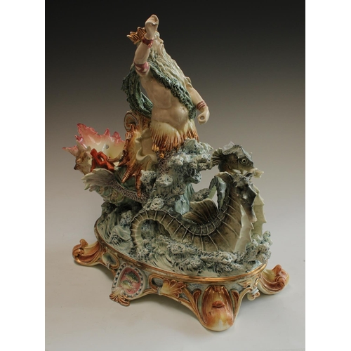 5123 - An Italian figural centrepiece, as  Neptune and his chariot, pulled by seahorses, scroll base, 46cm ... 