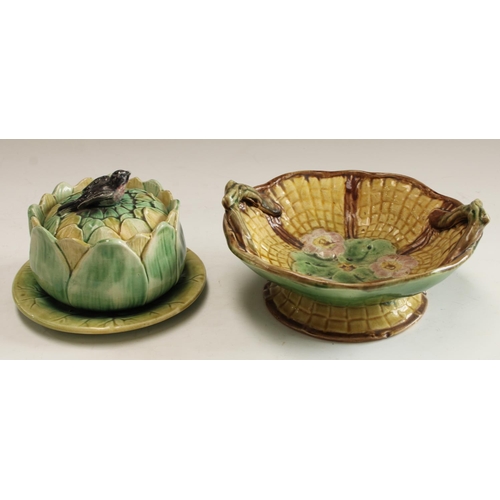 5131 - A Staffordshire majolica dish and stand, as a lily, bird finial, c.1860;   a similar dish