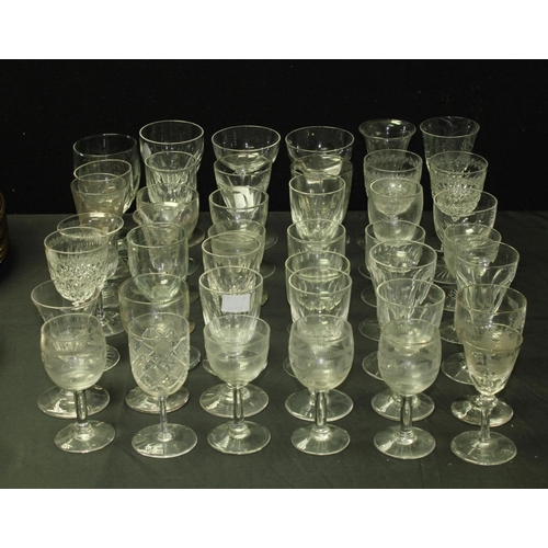 5143 - Cordial and wine glasses, various, acid etched, cut, trumpet, bucket shaped, 19th century and later