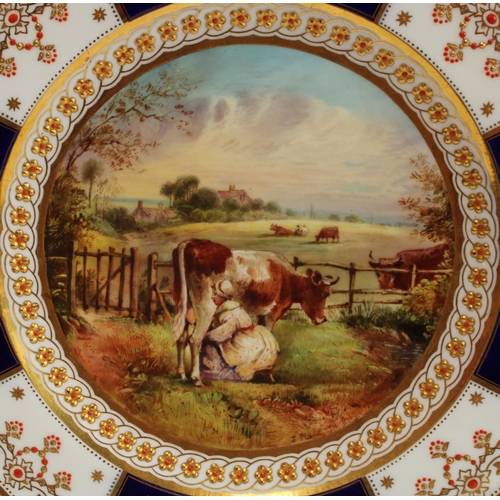5154 - An early 20th century Coalport hand painted cabinet plate, Milking the Cow in Farm landscape, signed... 