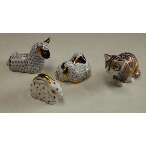 5165 - A Royal Crown Derby paperweight, Sitting Kitten, gold stopper; others, Lamb, gold stopper; Sleeping ... 