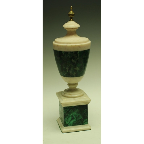 5311 - A Neoclassical style malachite and white marble urn, fluted finial, square base, 42.5cm high