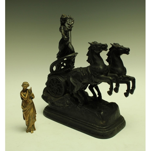 5314 - A bronzed figure, classical beauty, 15cm; a spelter model of a female warrior riding a chariot of tw... 