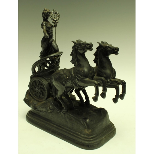 5314 - A bronzed figure, classical beauty, 15cm; a spelter model of a female warrior riding a chariot of tw... 