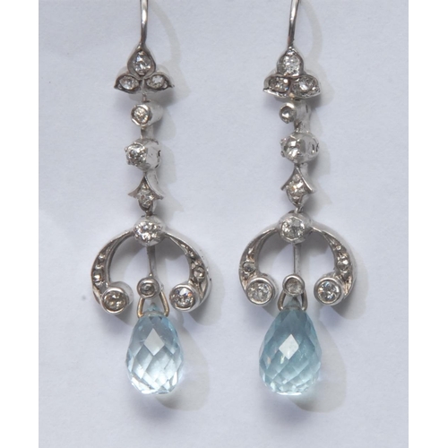 1000 - A pair of aquamarine and diamond drop earrings, faceted bead aquamarine suspended from an arched scr... 