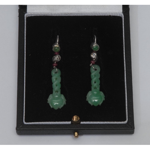 1002 - A pair of Chinese jadeite, diamond and ruby earrings, the carved jade droplet approx 26mm long, susp... 