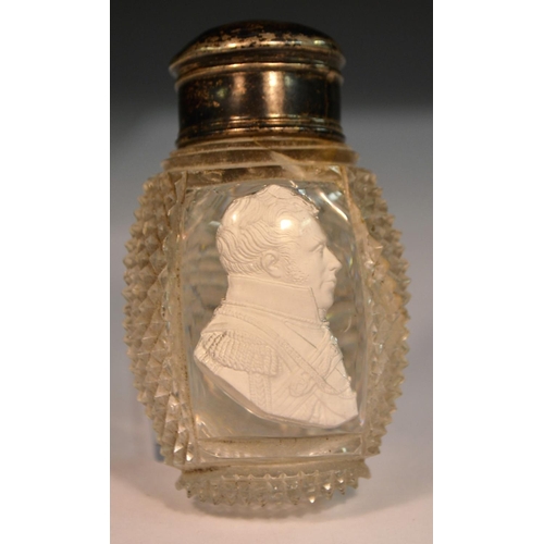 1108 - A 19th century silver coloured metal mounted hobnail-cut clear glass sulphur scent bottle, decorated... 