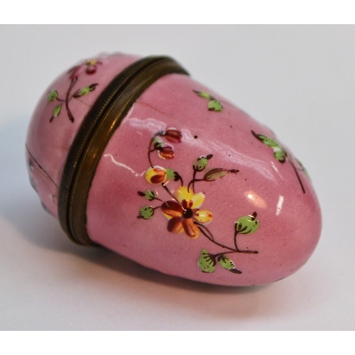 1111 - A George III Bilston pink enamel novelty toy bonbonniere, as an egg, in relief with sprigs of countr... 