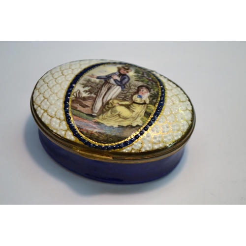 1116 - A George III South Staffordshire enamel oval patch box, the hinged cover printed in polychrome with ... 