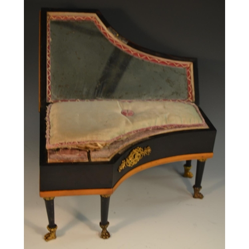 1126 - An early 19th century French ebonised piano sewing etui, the keys in mother-of-pearl, the interior w... 