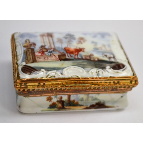 1128 - An early George III Rococo Bilston enamel rectangular snuff box, the cover painted with a rustic and... 