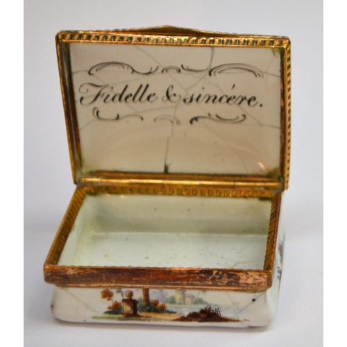 1128 - An early George III Rococo Bilston enamel rectangular snuff box, the cover painted with a rustic and... 