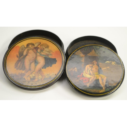 1133 - A 19th century papier-mâché circular table-top snuff box, the cover printed in colour with amorini i... 