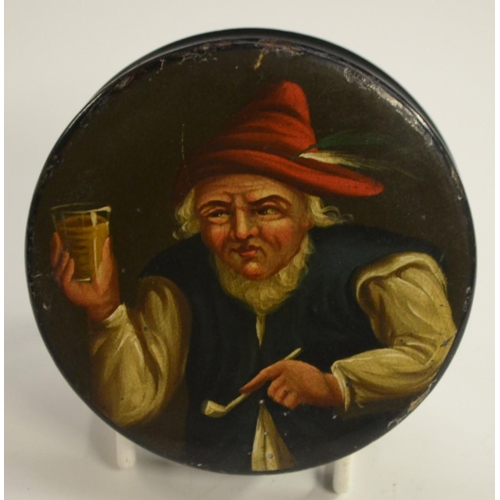 1134 - A 19th century papier-mâché circular table-top snuff box, the push-cover painted with a portrait pro... 