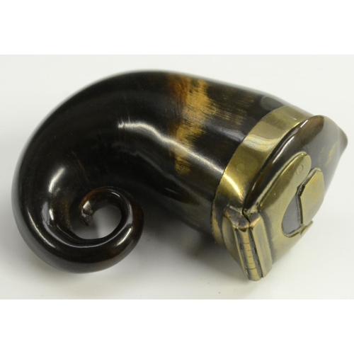 1136 - A 19th century Scottish horn snuff mull, quite plain, brass-mounted, 7cm long