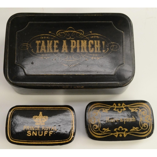 1141 - A large 19th papier-mâché rounded rectangular table-top snuff box, the cover inscribed in gilt: Take... 