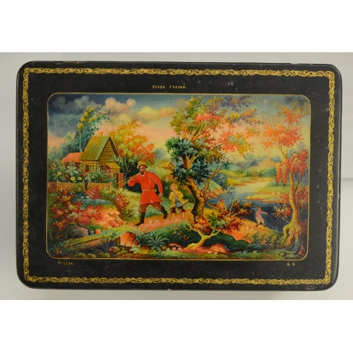 1142 - A large Soviet Russian rounded rectangular table-top box, the hinged-cover well-painted with a princ... 