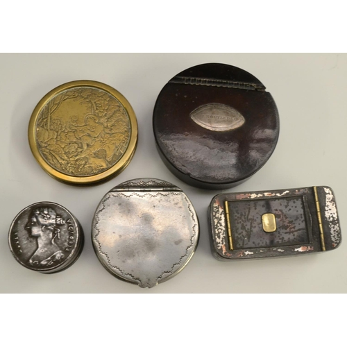 1145 - A late George III silver-mounted papier-mâché circular snuff box, the cover with an onset navette-sh... 