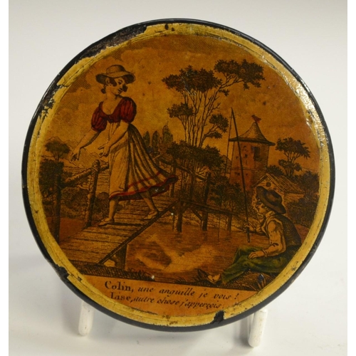 1152 - An early 19th century French papier-mâché circular table-top snuff box, the push-cover printed in mo... 