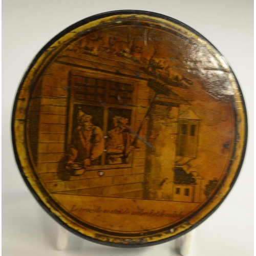 1152 - An early 19th century French papier-mâché circular table-top snuff box, the push-cover printed in mo... 