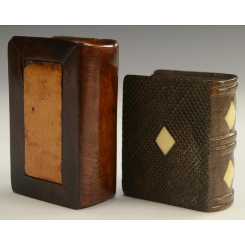 1157 - Treen - a 19th century novelty hardwood snuff box, as a book, checkered sliding cover and base, groo... 