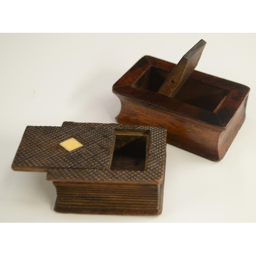 1157 - Treen - a 19th century novelty hardwood snuff box, as a book, checkered sliding cover and base, groo... 