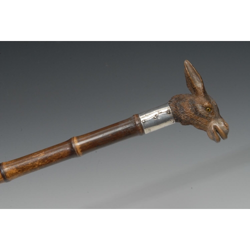 1186 - An early 20th century novelty waking cane the pommel carved with a donkey's head, bamboo shaft, silv... 