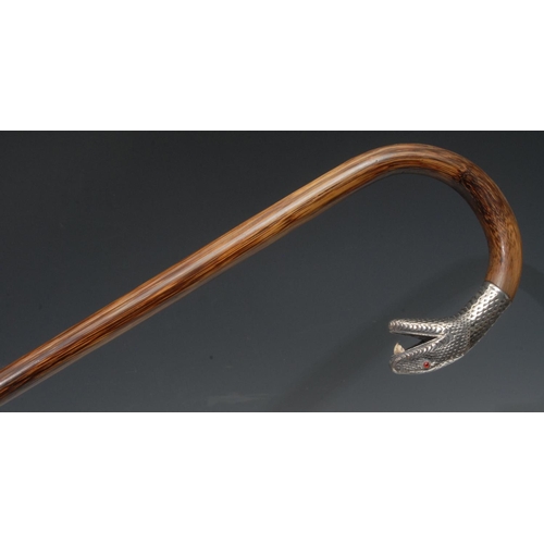 1190 - A 19th century walking stick, the handle with silver snake's head, 86cm long, c.1890