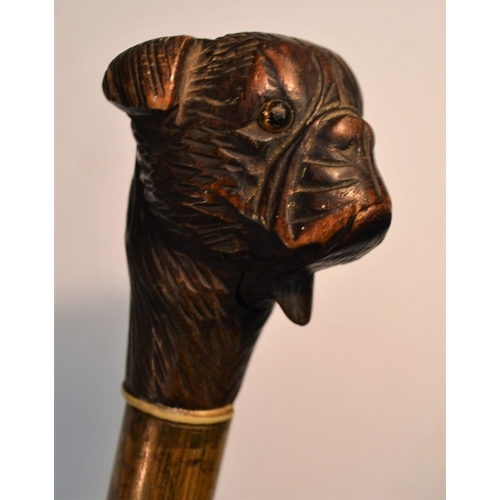 1227 - A Black Forest novelty automaton walking cane, the pommel carved as the head of a dog, articulated m... 