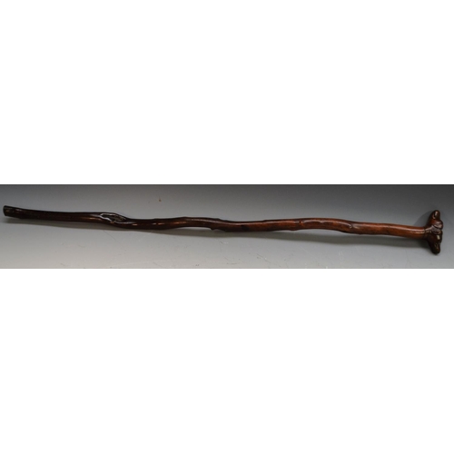 1232 - A 19th century fruitwood gentleman's novelty walking stick, the 'janus' pommel carved with two dogs'... 