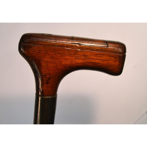 1234 - A 19th century gentleman's novelty snuff box walking stick, the L-shaped rosewood handle with 'puzzl... 