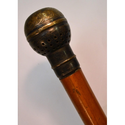 1237 - A 19th century gentleman's novelty 'siren cane' system walking stick, the silvered globular pommel e... 