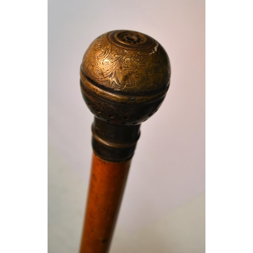 1237 - A 19th century gentleman's novelty 'siren cane' system walking stick, the silvered globular pommel e... 