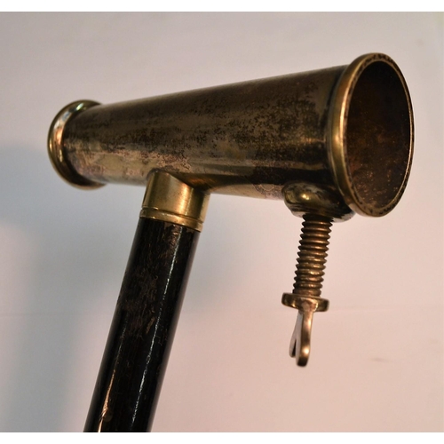 1238 - An early 20th century gentleman's novelty walking cane, the silver plated handle as a clamp, ebony s... 