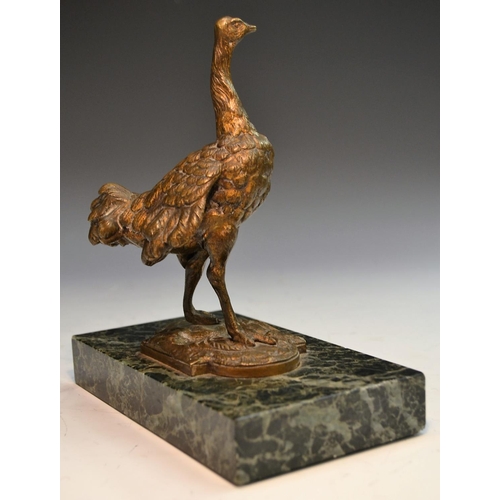 1243 - French School (19th century), a gilt animalier bronze, of an ostrich, rectangular verde antico marbl... 