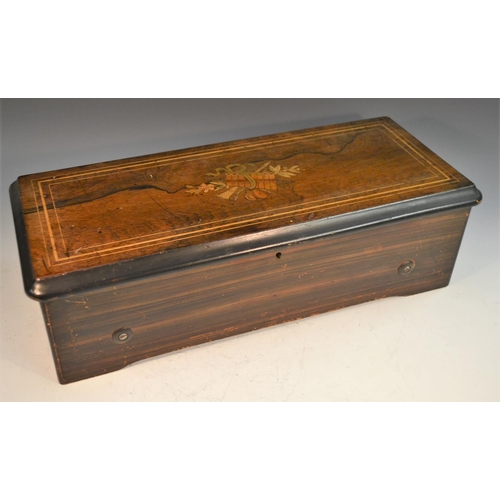 1252 - A 19th century Swiss rosewood, faux rosewood and marquetry rounded rectangular music box, 28cm cylin... 