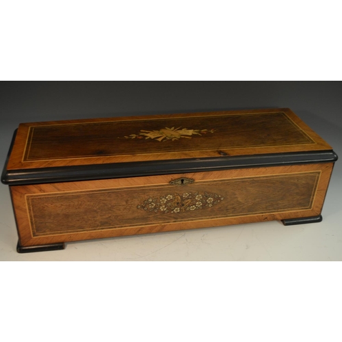 1253 - A 19th century Swiss crossbanded rosewood and marquetry  music box, 33cm cylinder playing twelve air... 