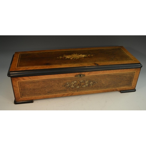 1253 - A 19th century Swiss crossbanded rosewood and marquetry  music box, 33cm cylinder playing twelve air... 