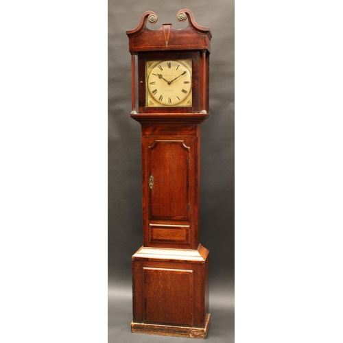 1282 - A George III mahogany crossbanded oak longcase clock, 28cm square painted dial inscribed John Bates,... 