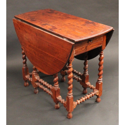 1286 - A 17th century design yew gateleg table, oval top, drawer to end, spirally turned legs and stretcher... 