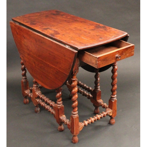 1286 - A 17th century design yew gateleg table, oval top, drawer to end, spirally turned legs and stretcher... 