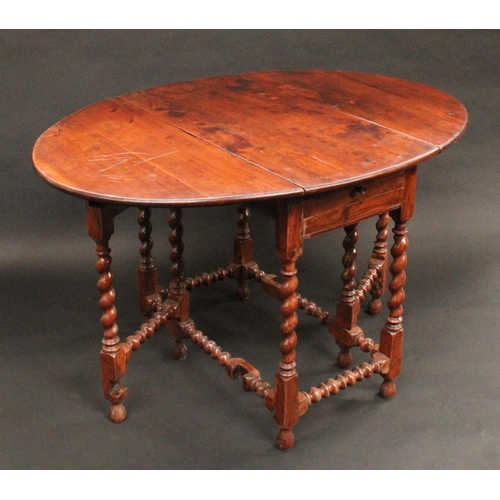 1286 - A 17th century design yew gateleg table, oval top, drawer to end, spirally turned legs and stretcher... 