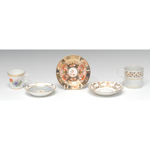 131 - Sampson Hancock Teaware - an imari cabinet cup and saucer, S, H, crown, crossed swords and D mark in... 