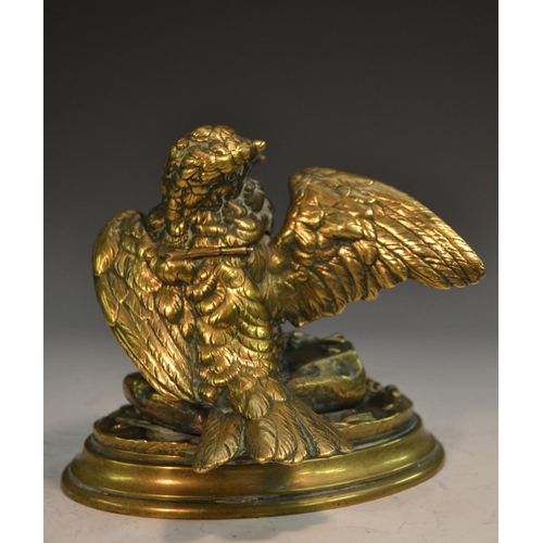 1313 - A 19th century bronze novelty inkwell, cast as a bird, hinged cover, oval base, 15.5cm wide, c.1860