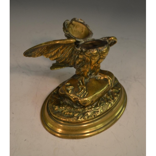 1313 - A 19th century bronze novelty inkwell, cast as a bird, hinged cover, oval base, 15.5cm wide, c.1860