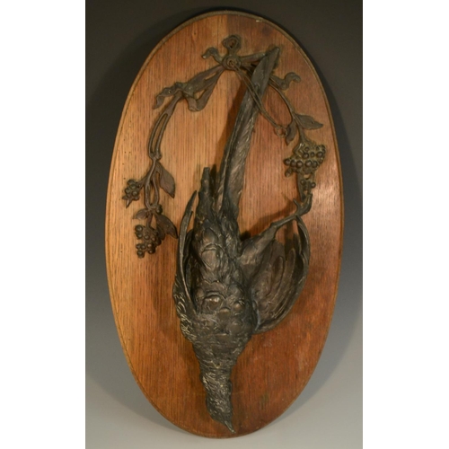 1314 - A 19th century cast bronze hanging dead game, pheasant, each naturalistically case, wall-hanging pli... 