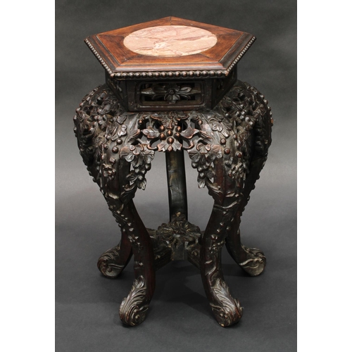 1325 - A 19th century Chinese hardwood pentagonal jardiniere stand, moulded beaded top with inset soapstone... 