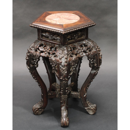 1325 - A 19th century Chinese hardwood pentagonal jardiniere stand, moulded beaded top with inset soapstone... 