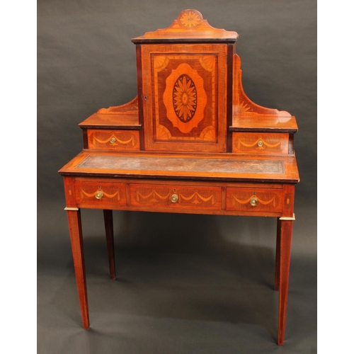 1326 - A late Victorian mahogany and marquetry bonheur du jour, shaped superstructure with a rectangular pa... 