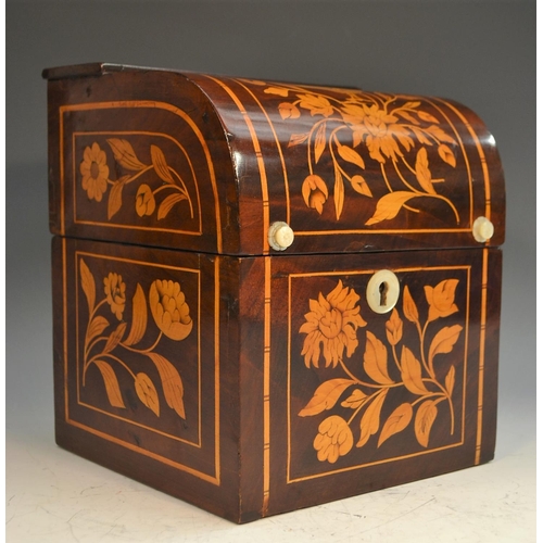 1337 - A 19th century Dutch satinwood marquetry and mahogany decanter box, profusely inlaid with a bird, fl... 